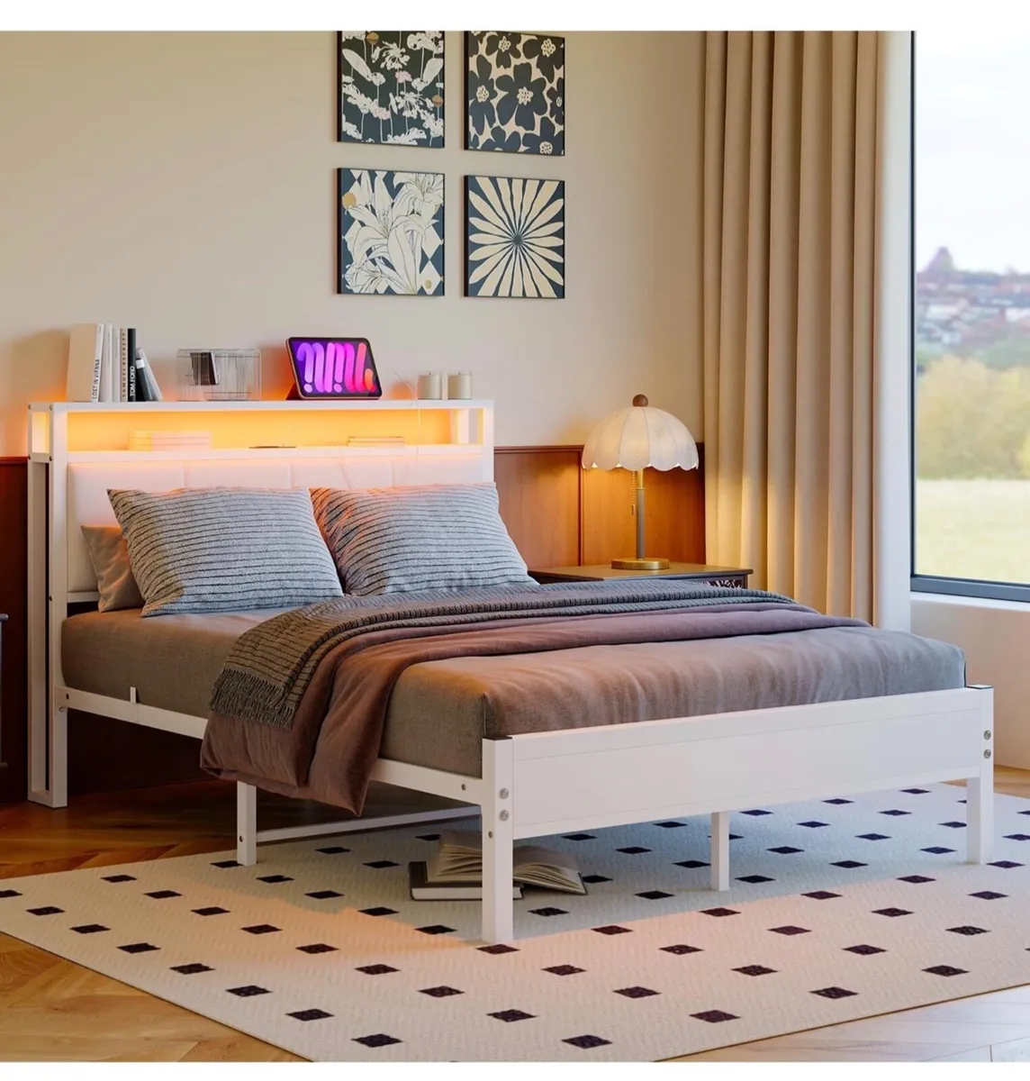 4FT6 Double Bed Frame with LED Lights and Charging - Image 3
