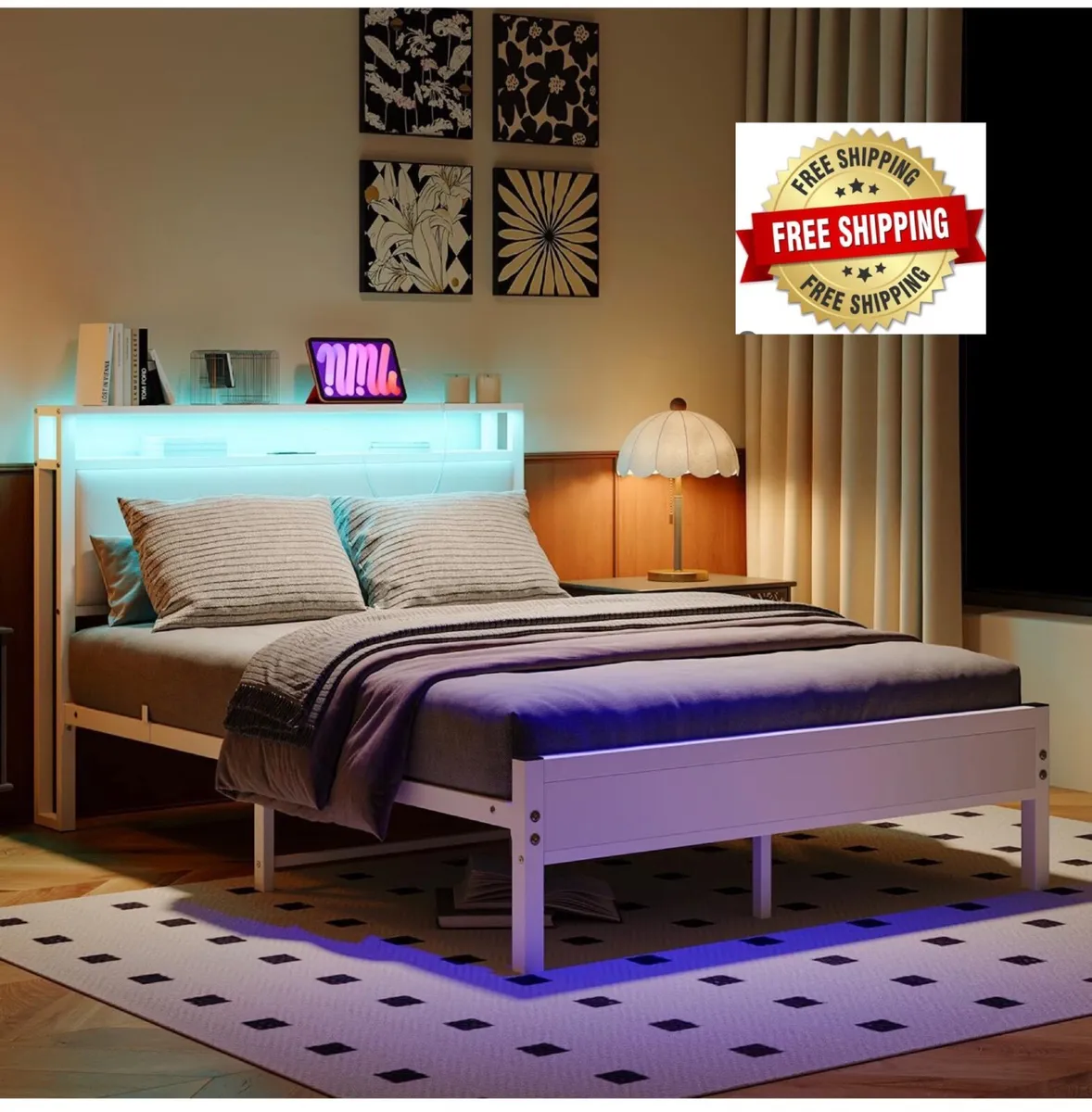 4FT6 Double Bed Frame with LED Lights and Charging - Image 1