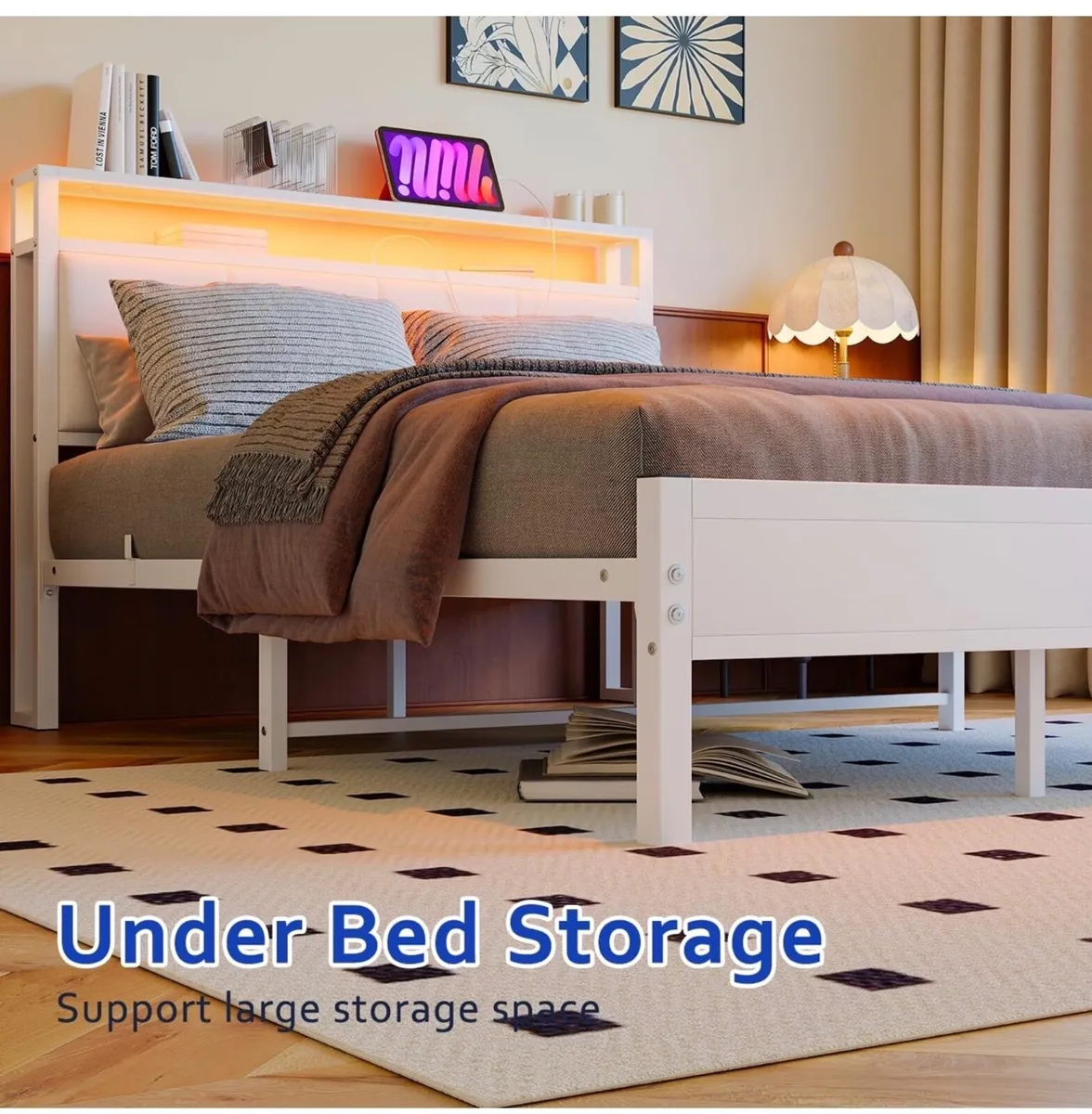 4FT6 Double Bed Frame with LED Lights and Charging - Image 3