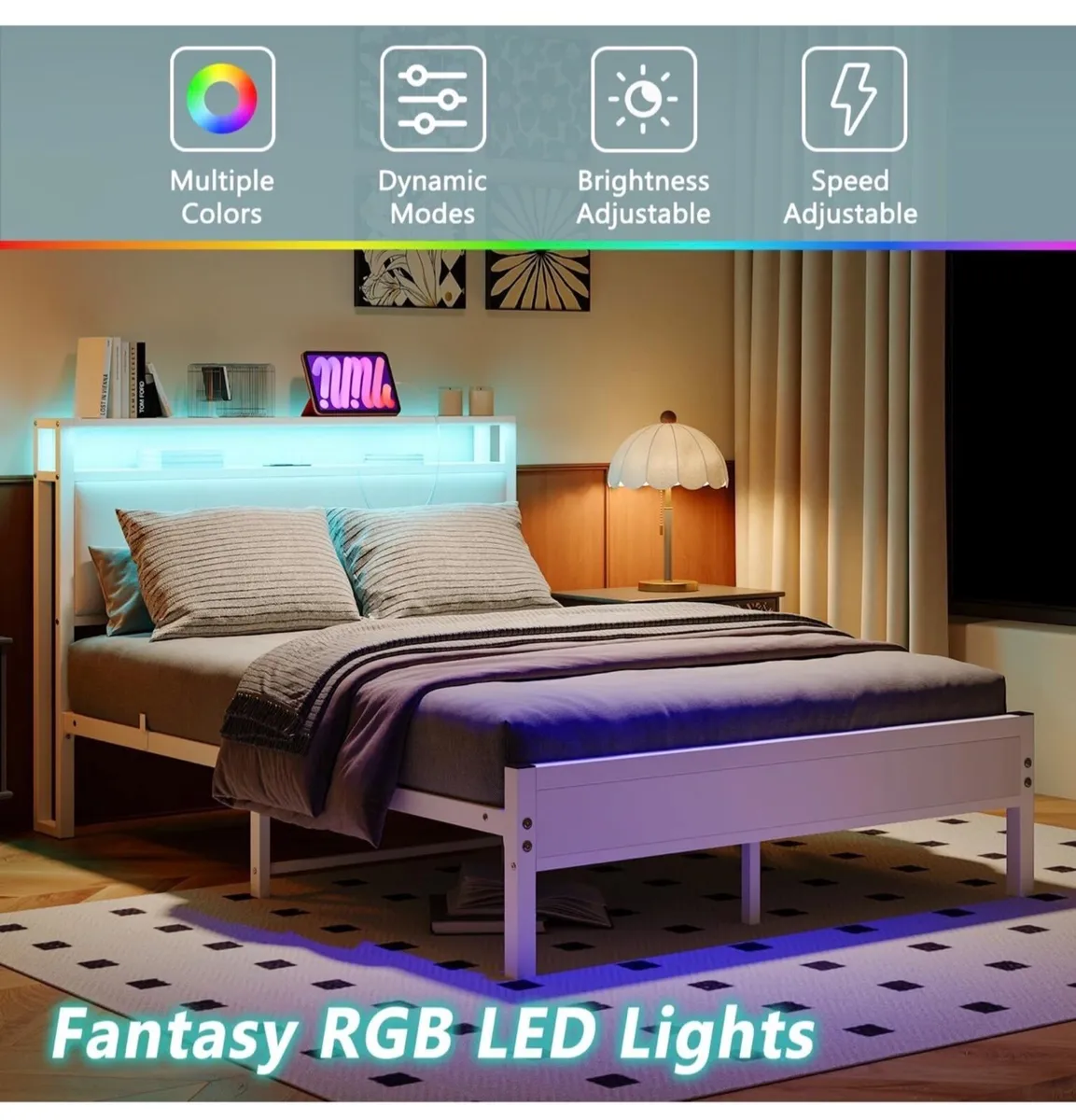 4FT6 Double Bed Frame with LED Lights and Charging - Image 1