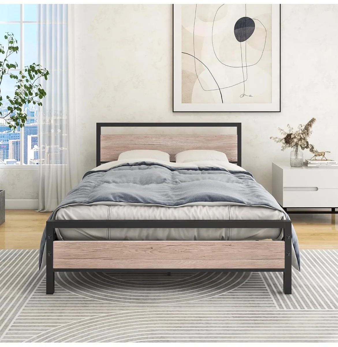 4ft6 Double Bed Frame with Wooden Headboard,Heavy - Image 4
