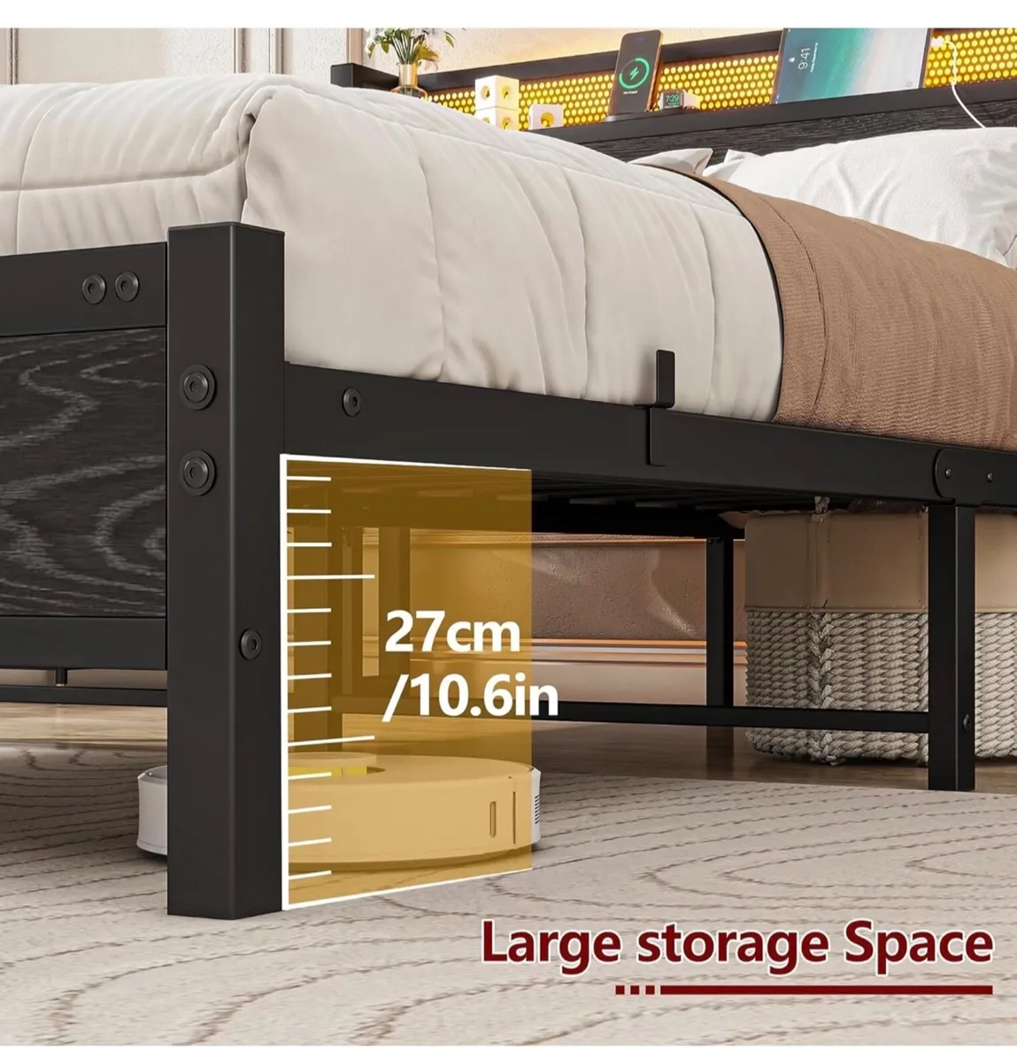 Double Bed Frame with LED Lights/Charging Station, - Image 3