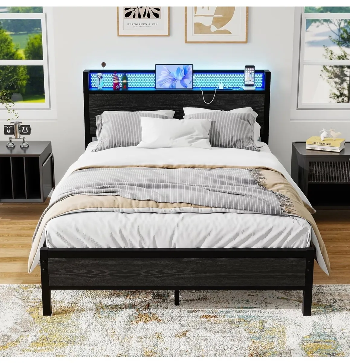 Double Bed Frame with LED Lights/Charging Station, - Image 1