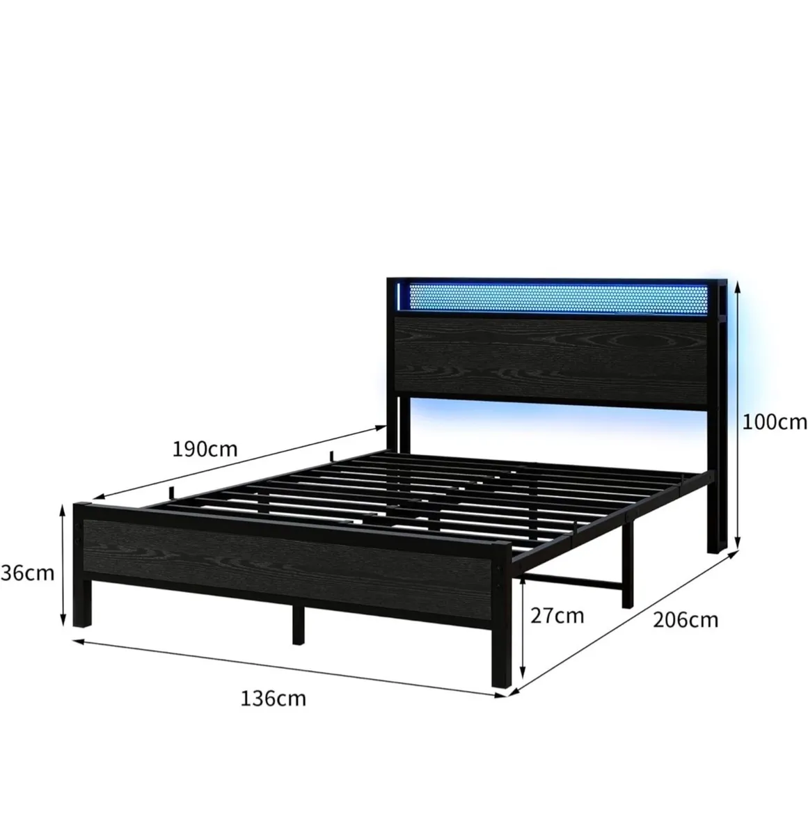 Double Bed Frame with LED Lights/Charging Station, - Image 2