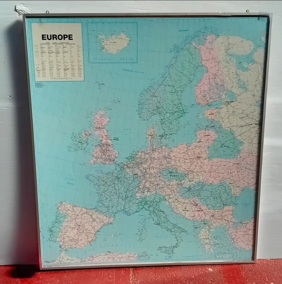 1990s Large Glass Frame School Wall Map Of Europe