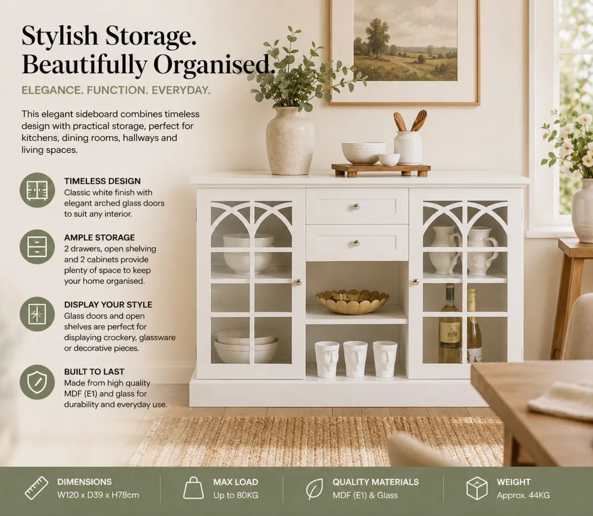 White Sideboard Cabinet with Glass Doors - Image 2
