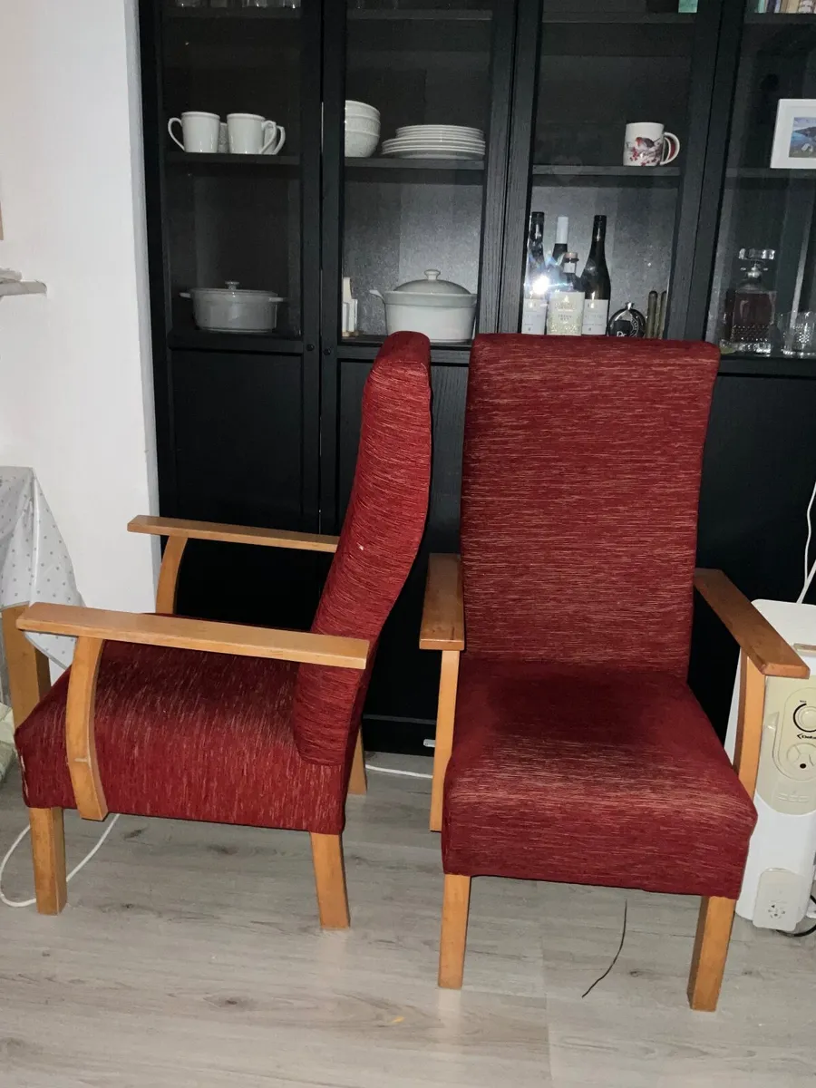 Single Accent Chair – Burgundy Fabric with Wooden - Image 2