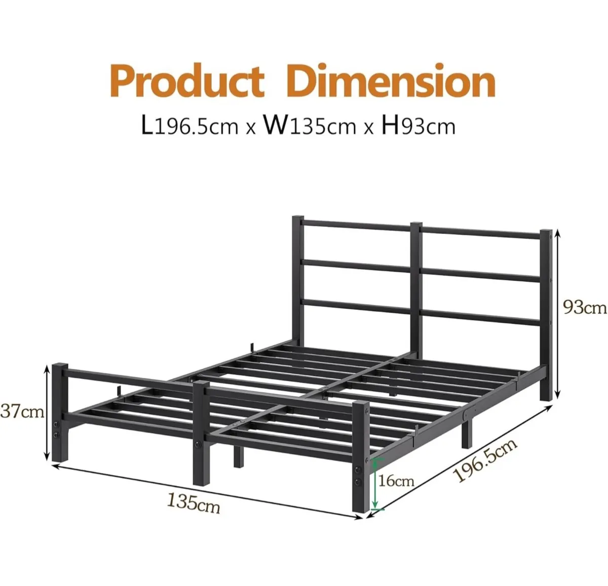 16cm Low Profile Double Bed Frame with Headboard, - Image 4