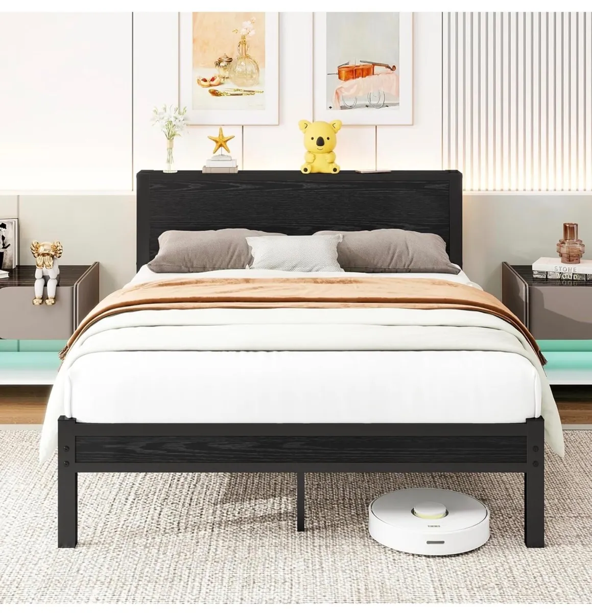 Double Bed Frame Metal Platform Bed Frame with Woo - Image 2
