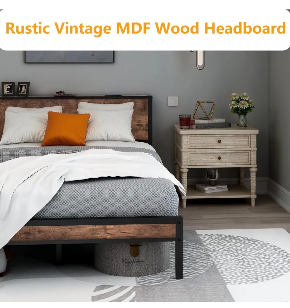 Double Bed Frame Metal Platform Bed Frame with Woo - Image 3