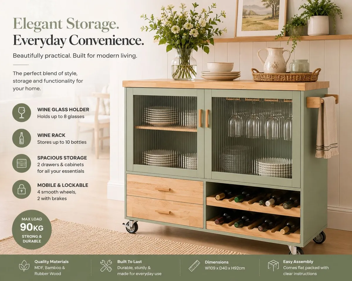 Kitchen Trolley with Wine Rack  Green Country - Image 1
