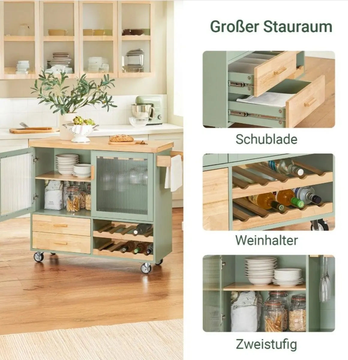 Kitchen Trolley with Wine Rack  Green Country - Image 4
