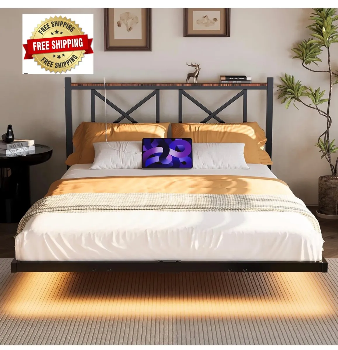 Double Floating Bed Frame with LED Lights &Chargin - Image 1