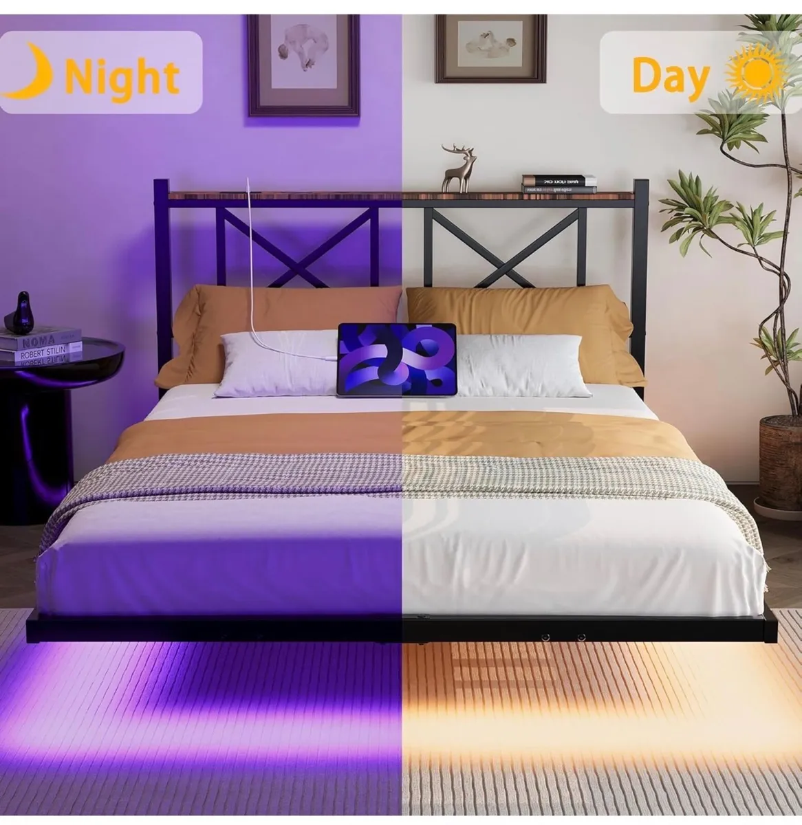 Double Floating Bed Frame with LED Lights &Chargin - Image 1