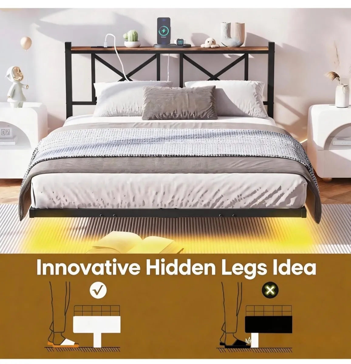 Double Floating Bed Frame with LED Lights &Chargin - Image 3