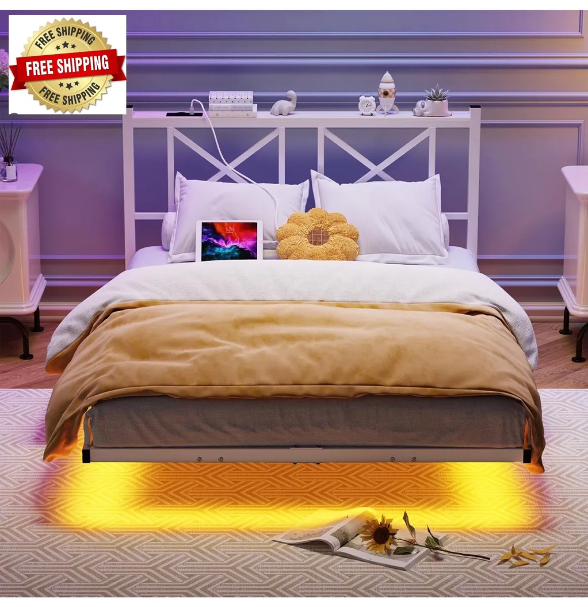 4ft6 Double Floating Bed Frame with LED Lights and - Image 1