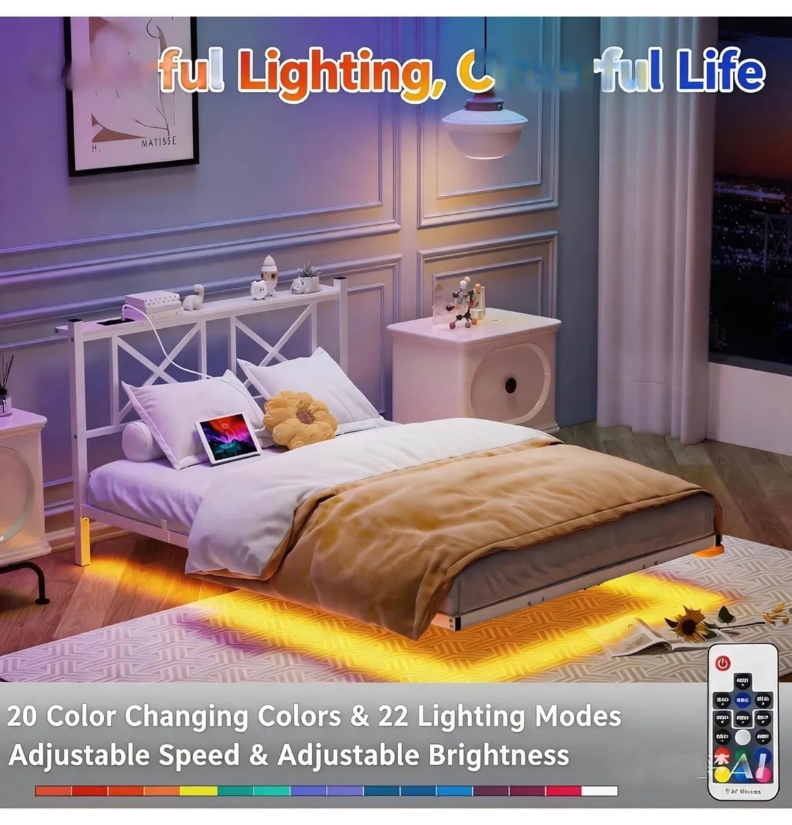 4ft6 Double Floating Bed Frame with LED Lights and - Image 1