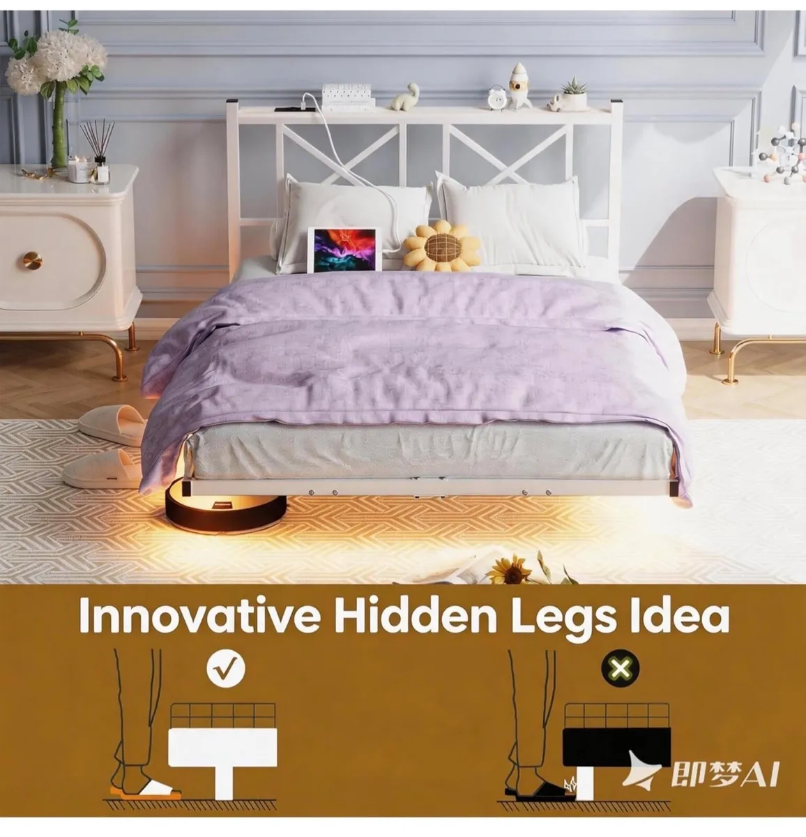 4ft6 Double Floating Bed Frame with LED Lights and - Image 3