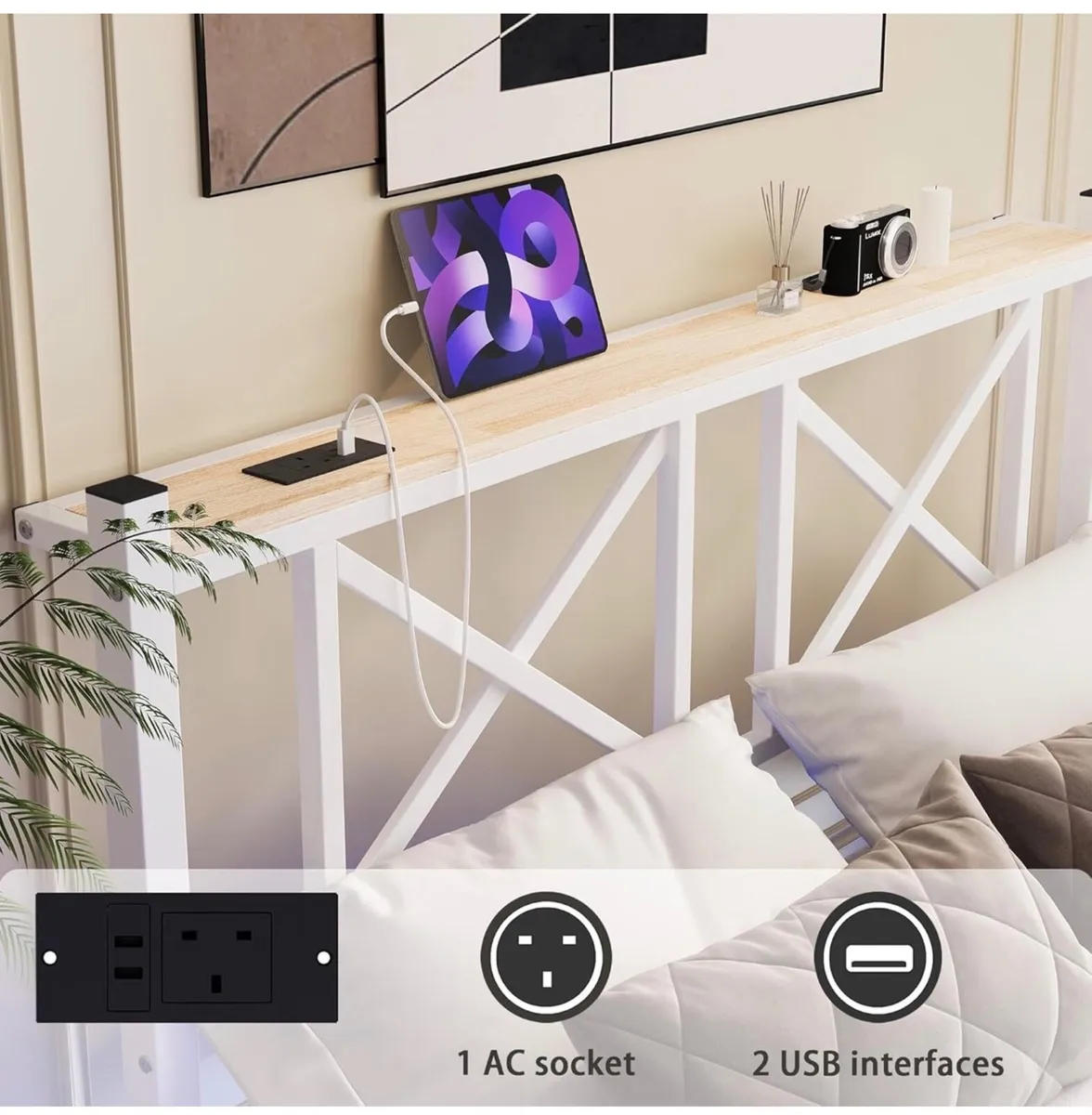 4ft6 Double Floating Bed Frame with LED Lights and - Image 4