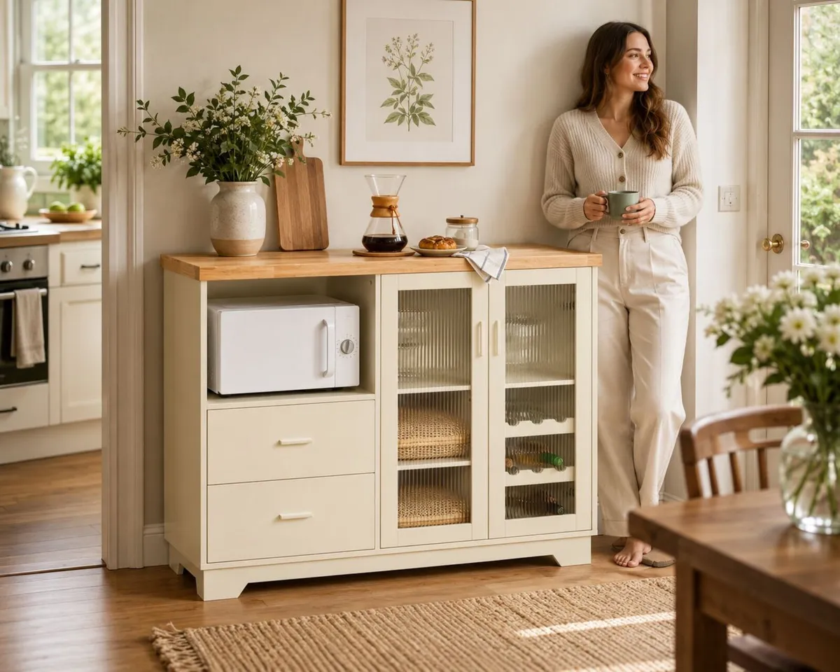 Beige Country Style Kitchen Sideboard Cabinet with - Image 1