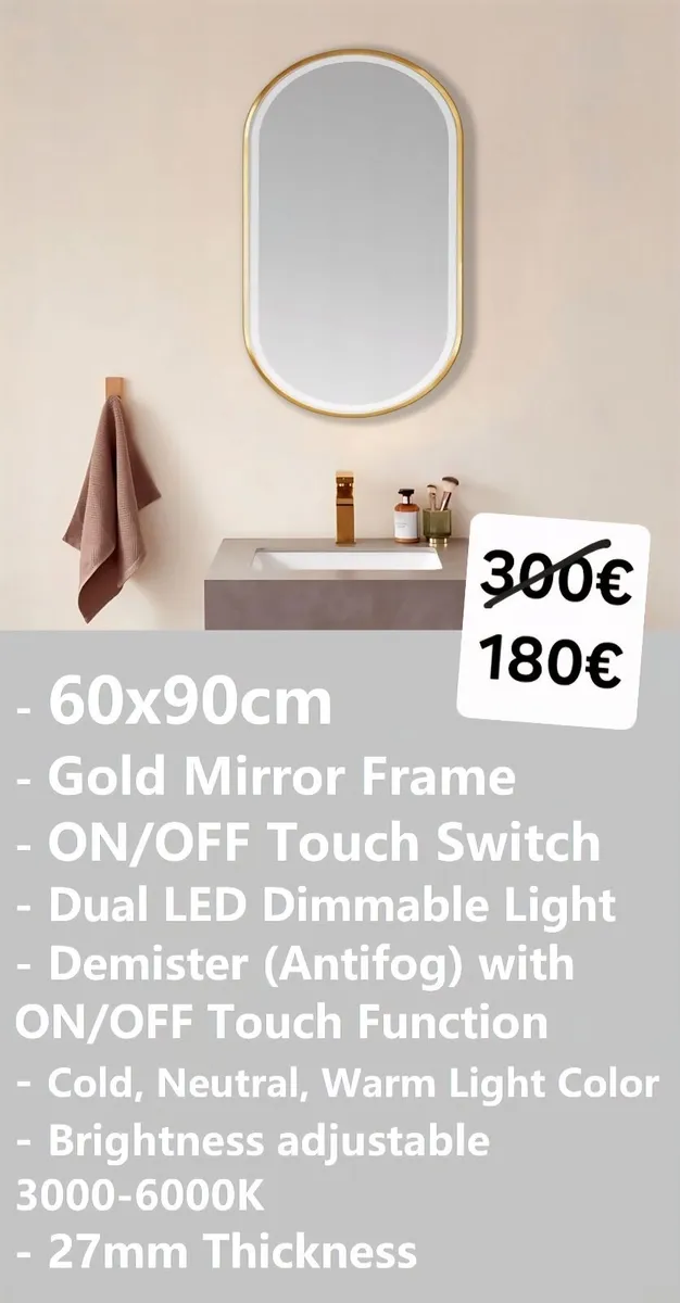 LED Bathroom Mirror Gold Frame Antifog 60x90cm - Image 1