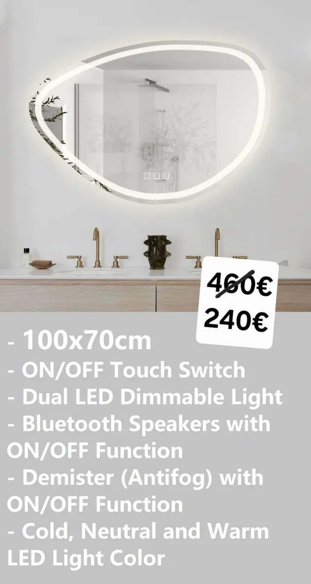 LED Bathroom Mirror Demister Speakers 100x70cm - Image 1