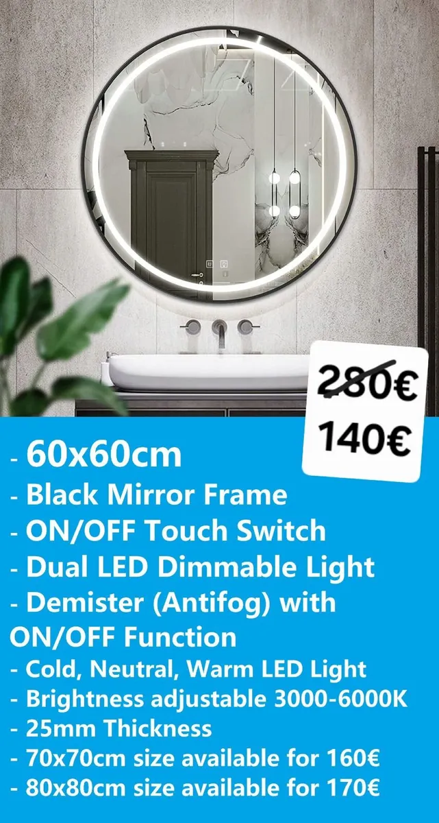 LED Bathroom Mirror 60cm Black Frame Antifog - Image 1