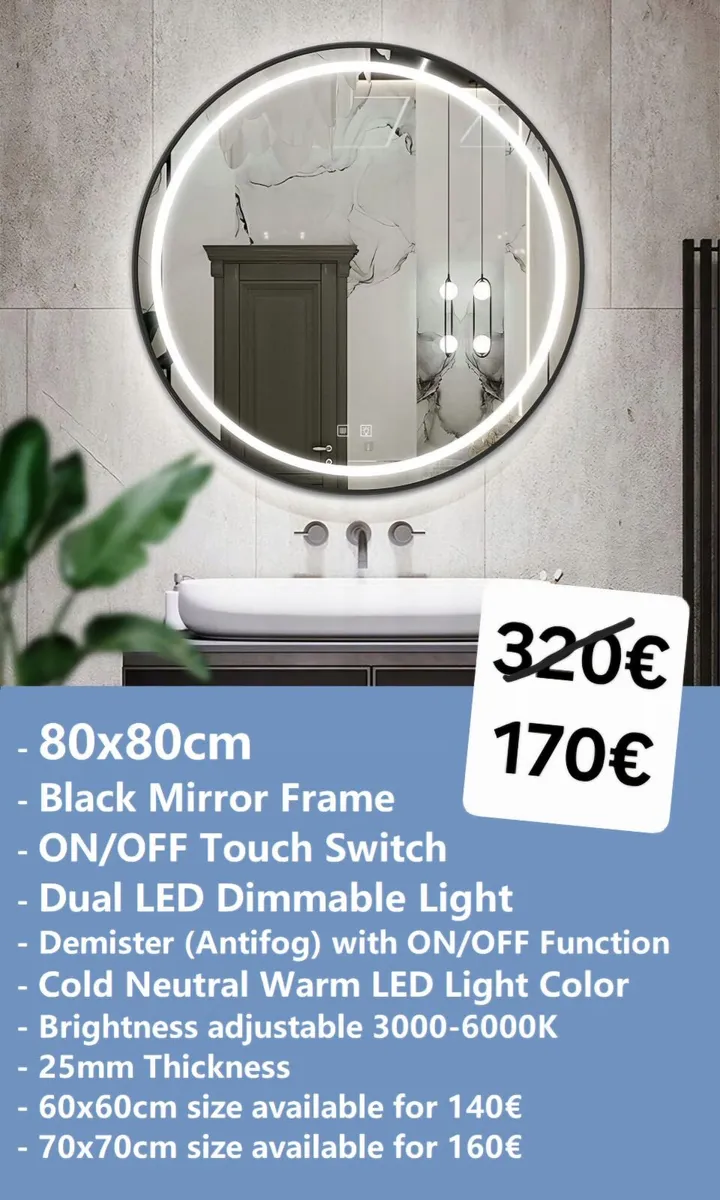 LED Bathroom Mirror 80cm Round Antifog Demister - Image 1