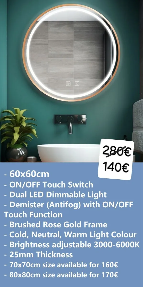 LED Bathroom Mirror Gold Frame Demister Fog Free - Image 1