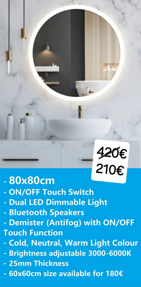 LED Bathroom Mirror Bluetooth Speakers Demister - Image 1