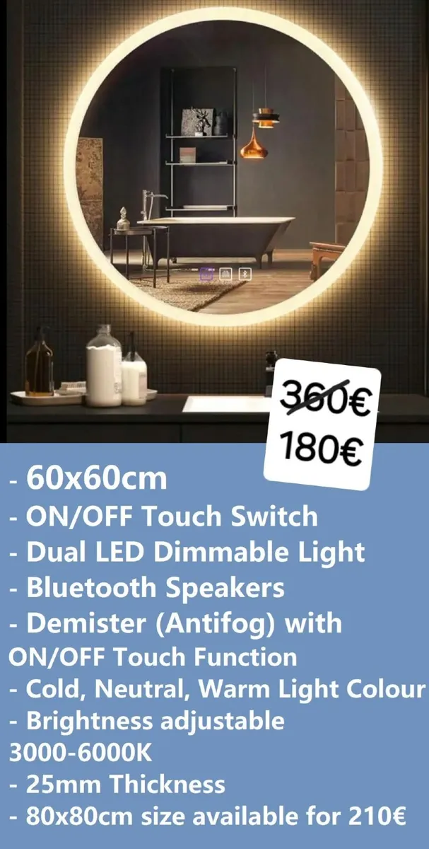 LED Bathroom Mirror Antifog Demister Bluetooth - Image 1