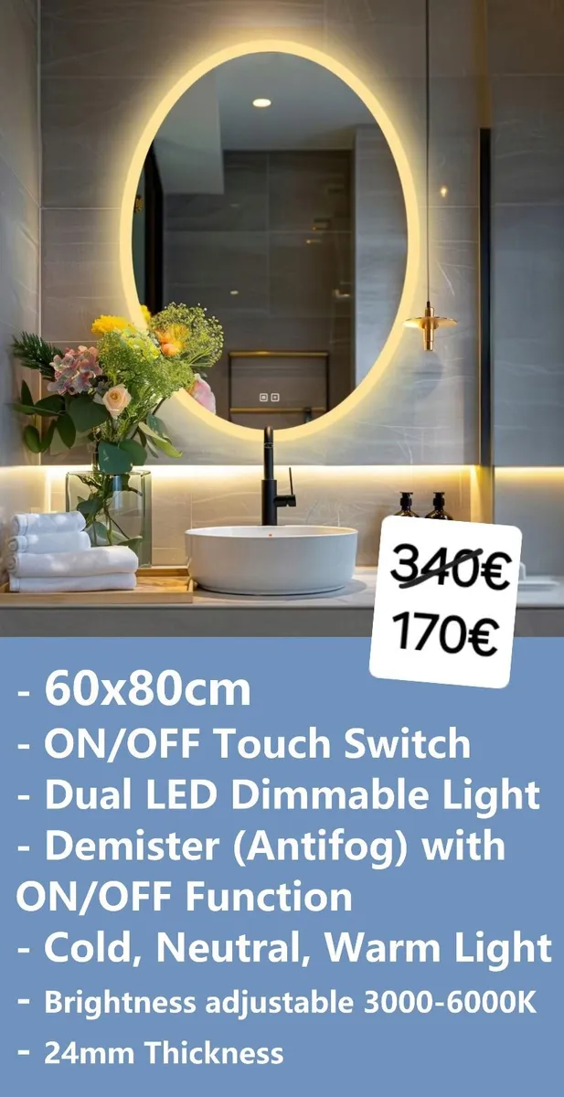 LED Bathroom Mirror 60x80cm Oval Demister Dual LED - Image 1