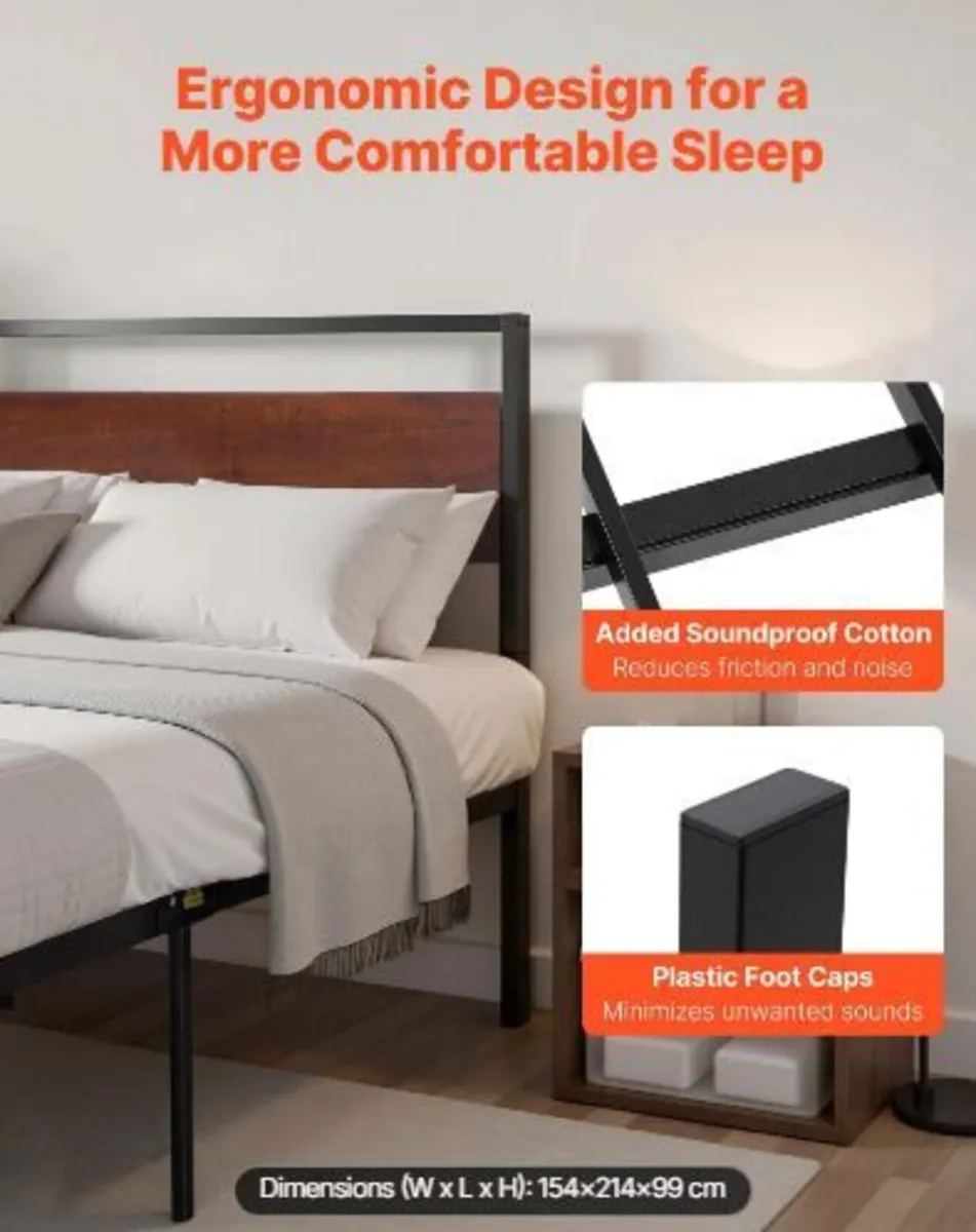 Queen Size Bed Frame, 35 cm Black Metal - Image 2