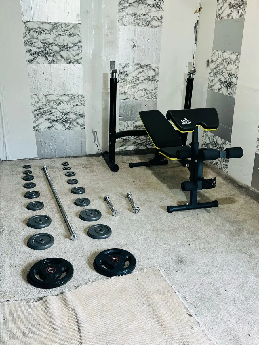 CAST IRON WEIGHTS RACK BENCH BARBELL DUMBBELLS - Image 2