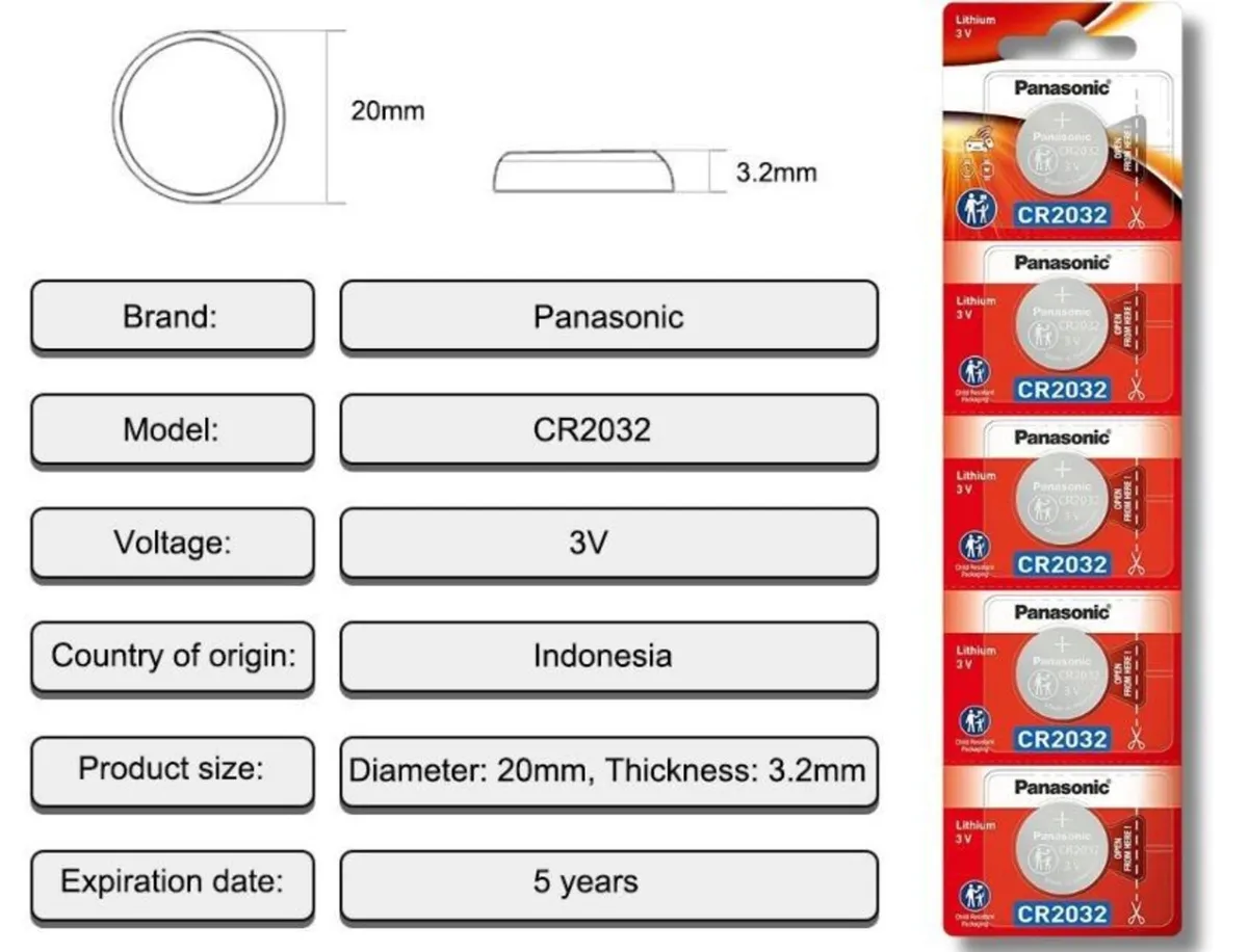 Panasonic CR2032 3V Lithium Coin Battery 5 Pack - Image 2