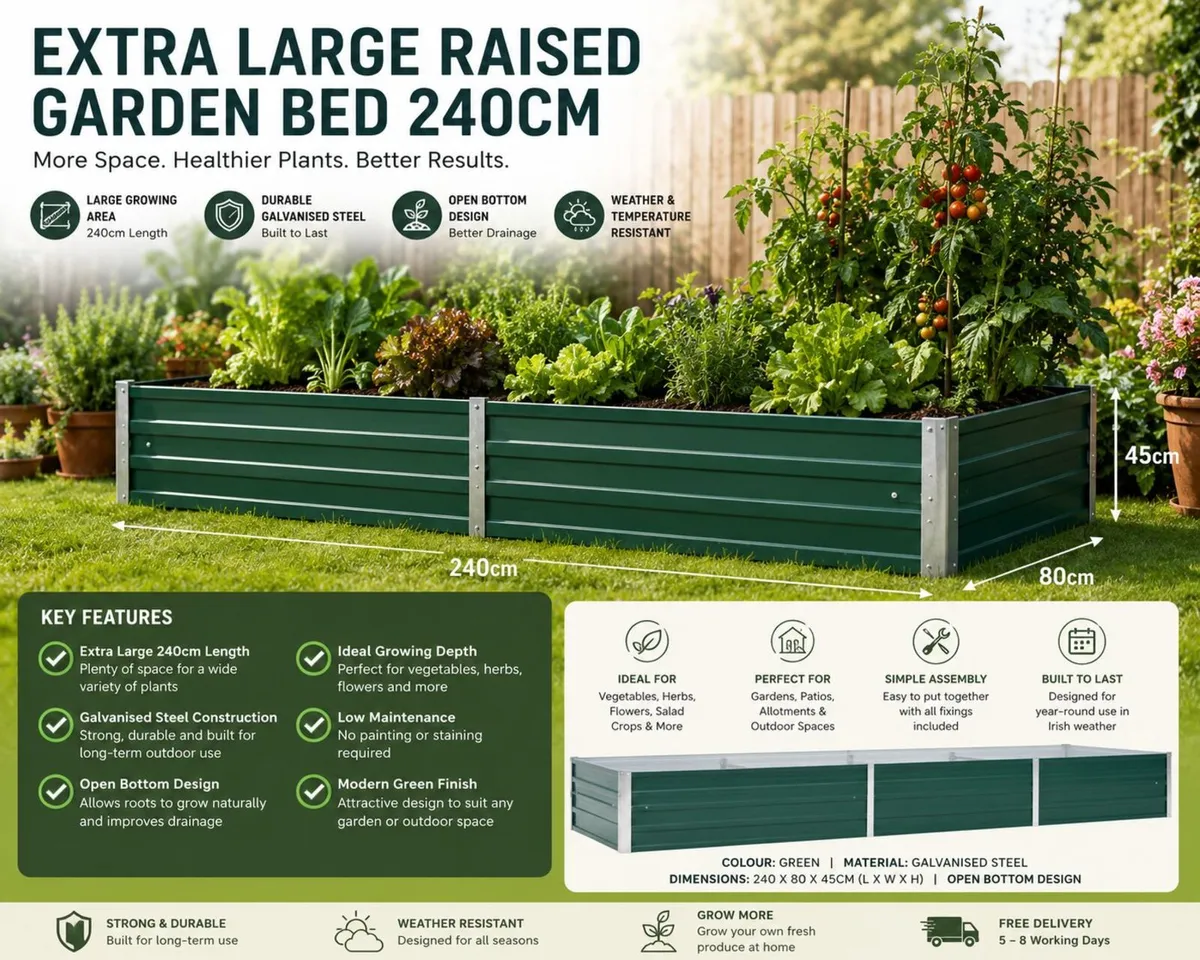 Large Raised Garden Bed 240cm Galvanised Steel Pla - Image 1