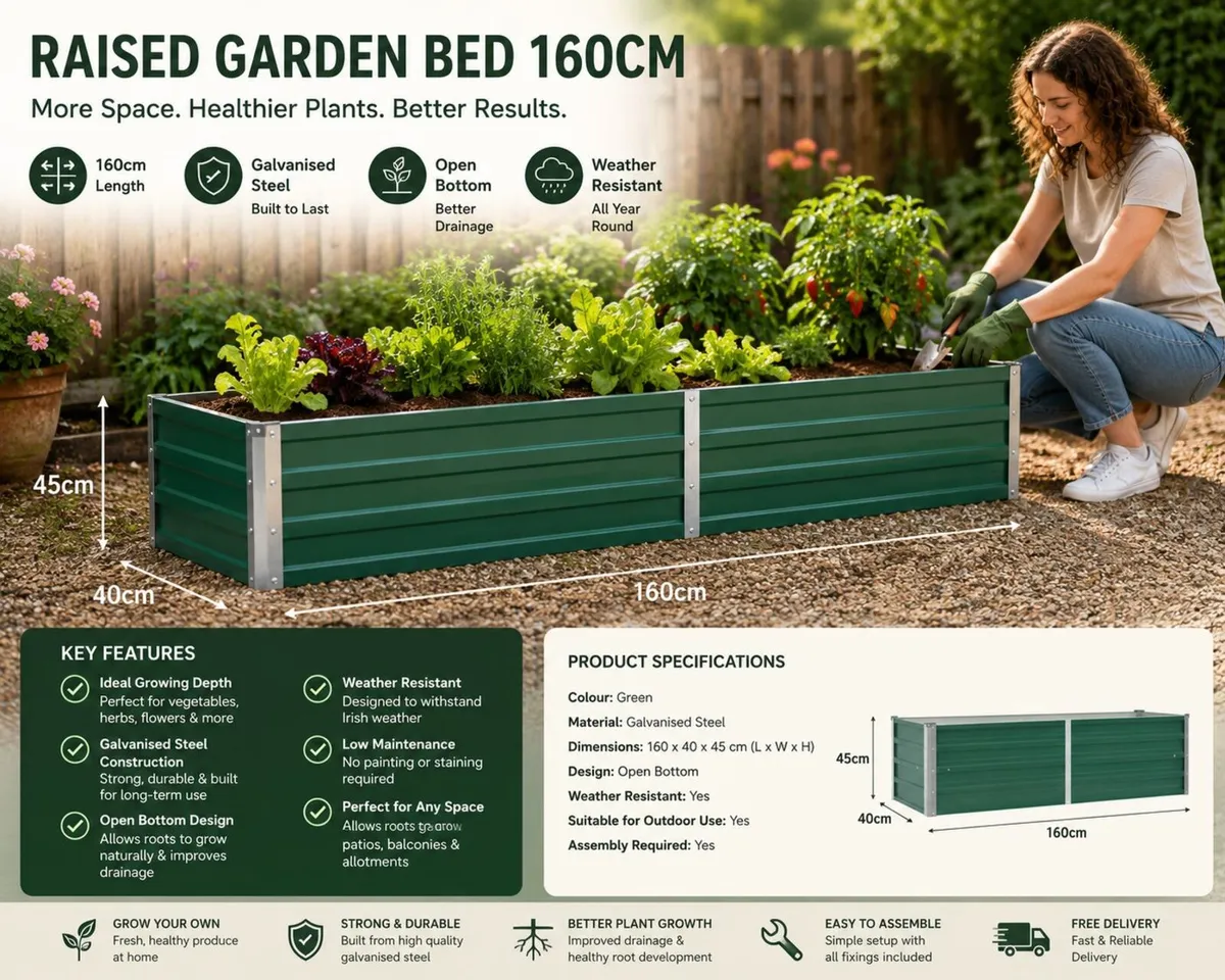 Raised Garden Bed 160cm Galvanised Steel Planter B - Image 1