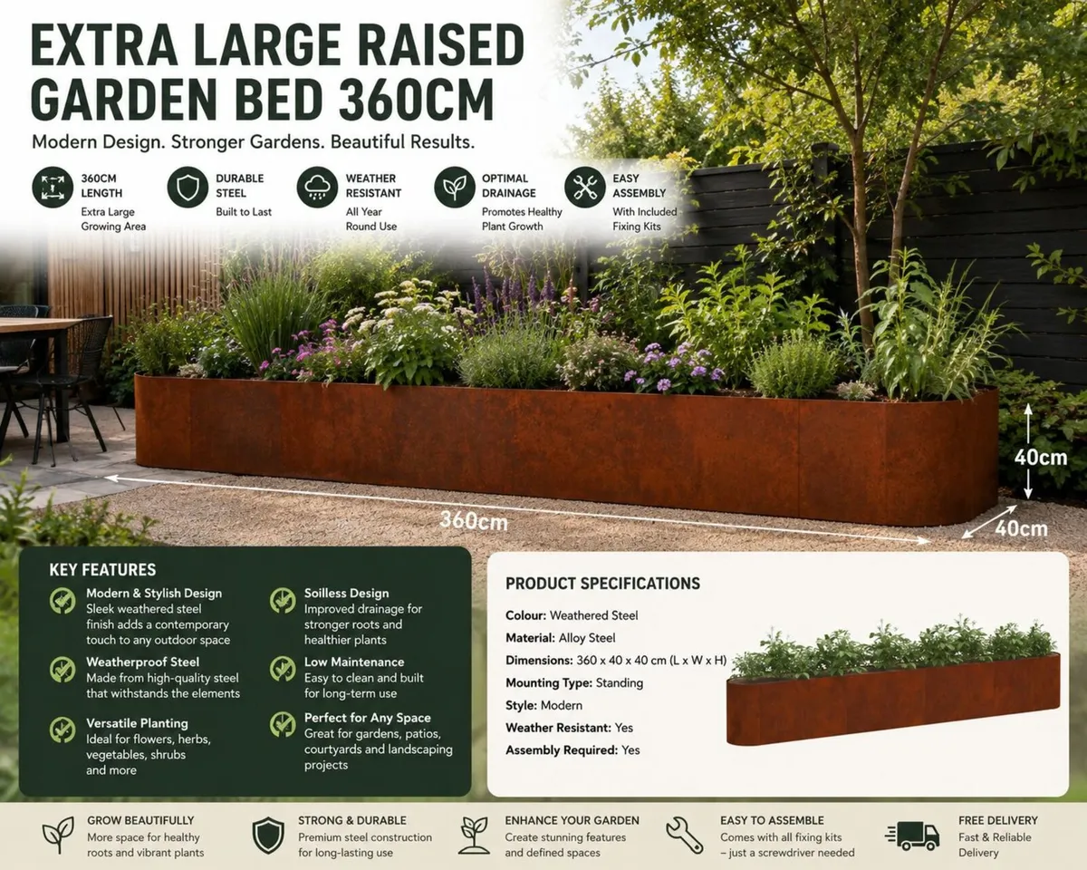 360cm Weathering Steel Raised Garden Bed Large Gar - Image 1