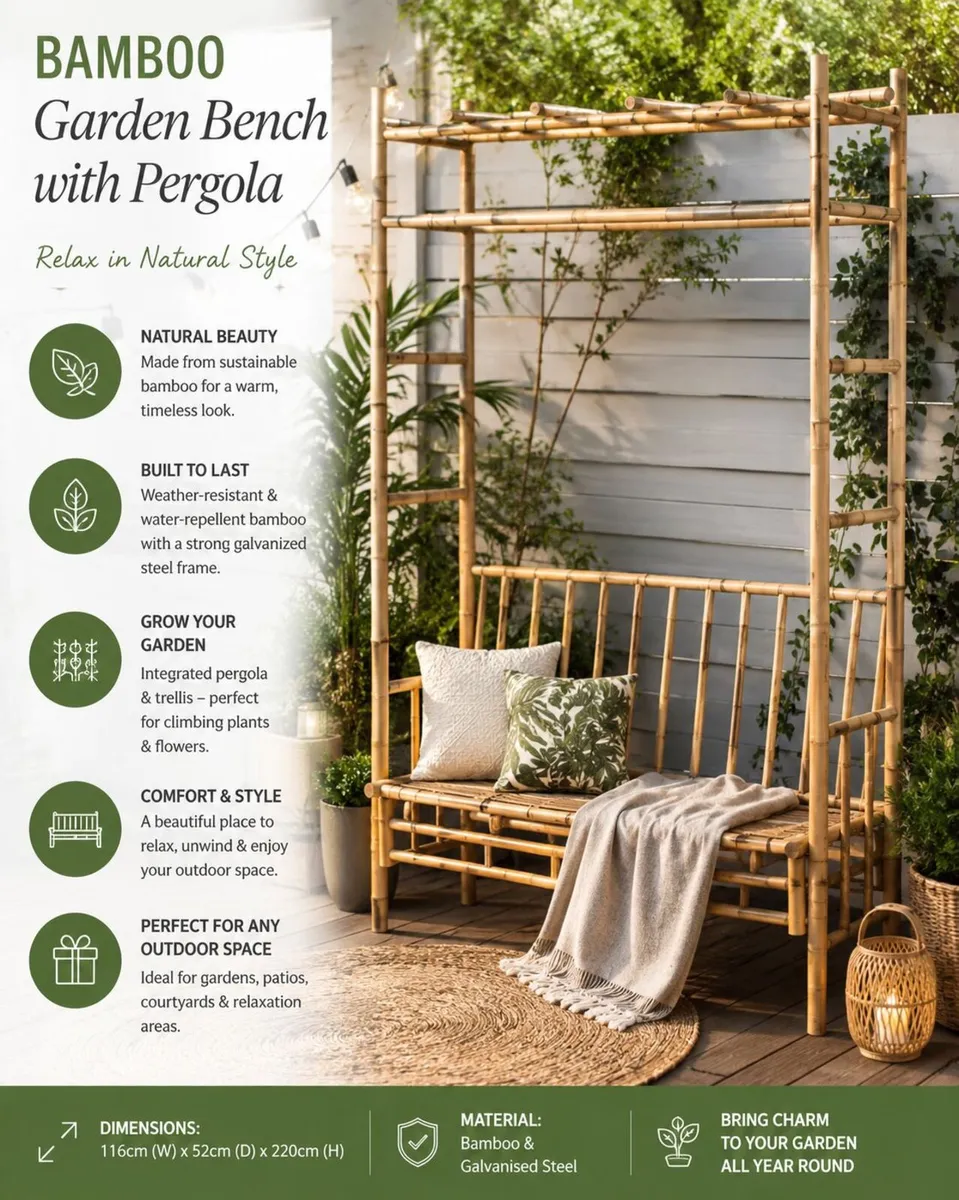 Bamboo Garden Bench with Pergola | Outdoor Trellis - Image 1