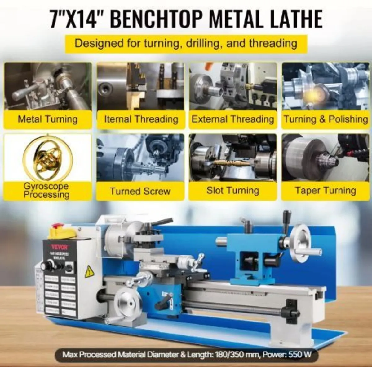 Mini Metal Lathe, 180 x 350 mm Benchtop Metal Lath - Image 2