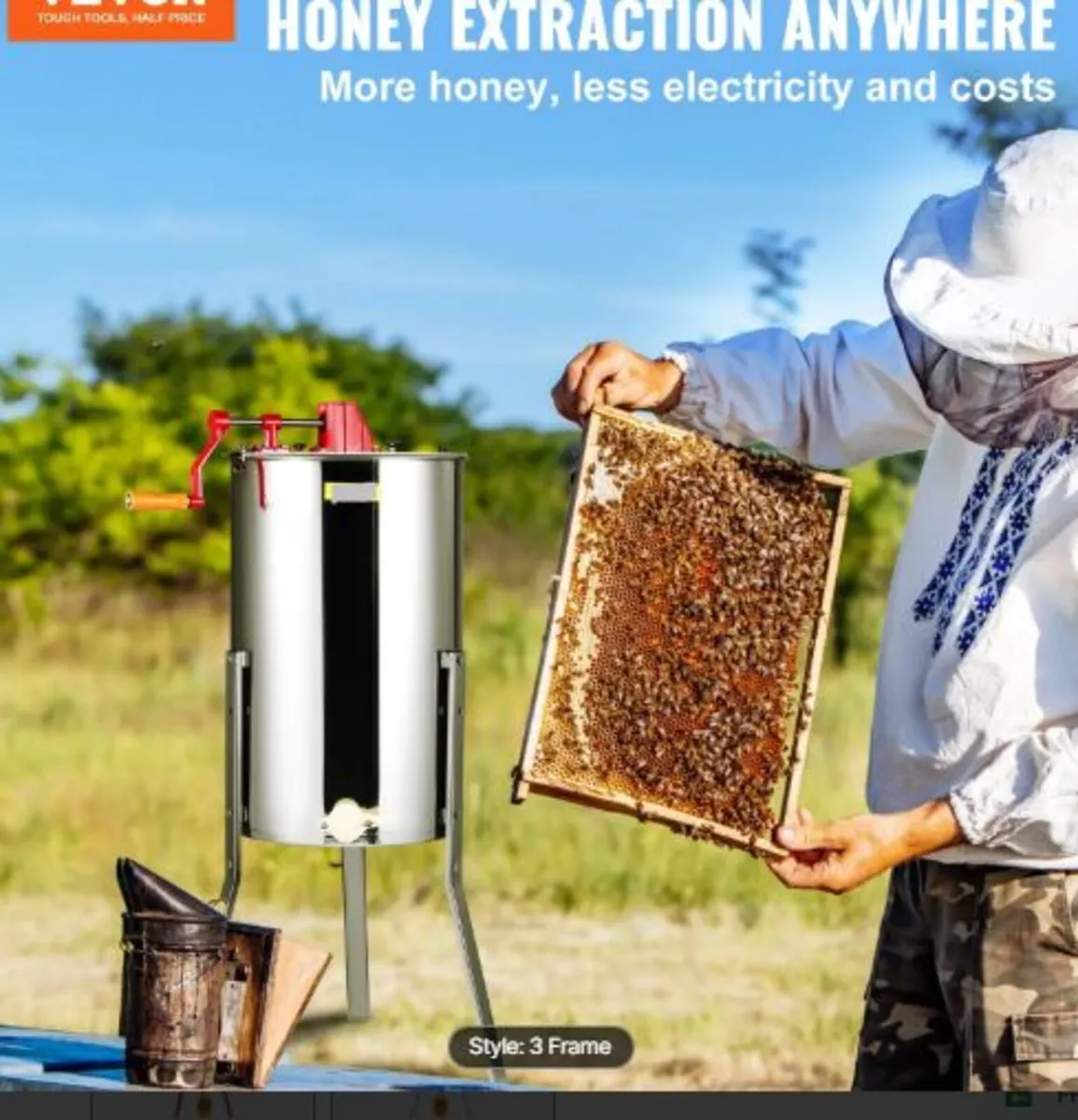 Manual Honey Extractor, 3 Frames Honey Spinner - Image 2