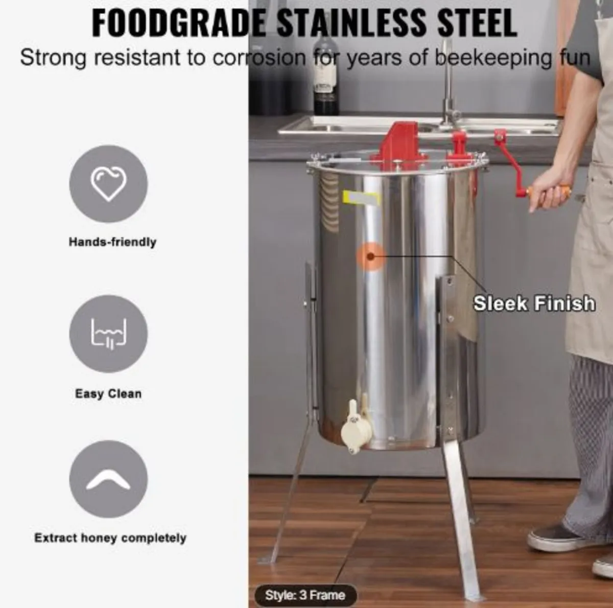 Manual Honey Extractor, 3 Frames Honey Spinner - Image 4