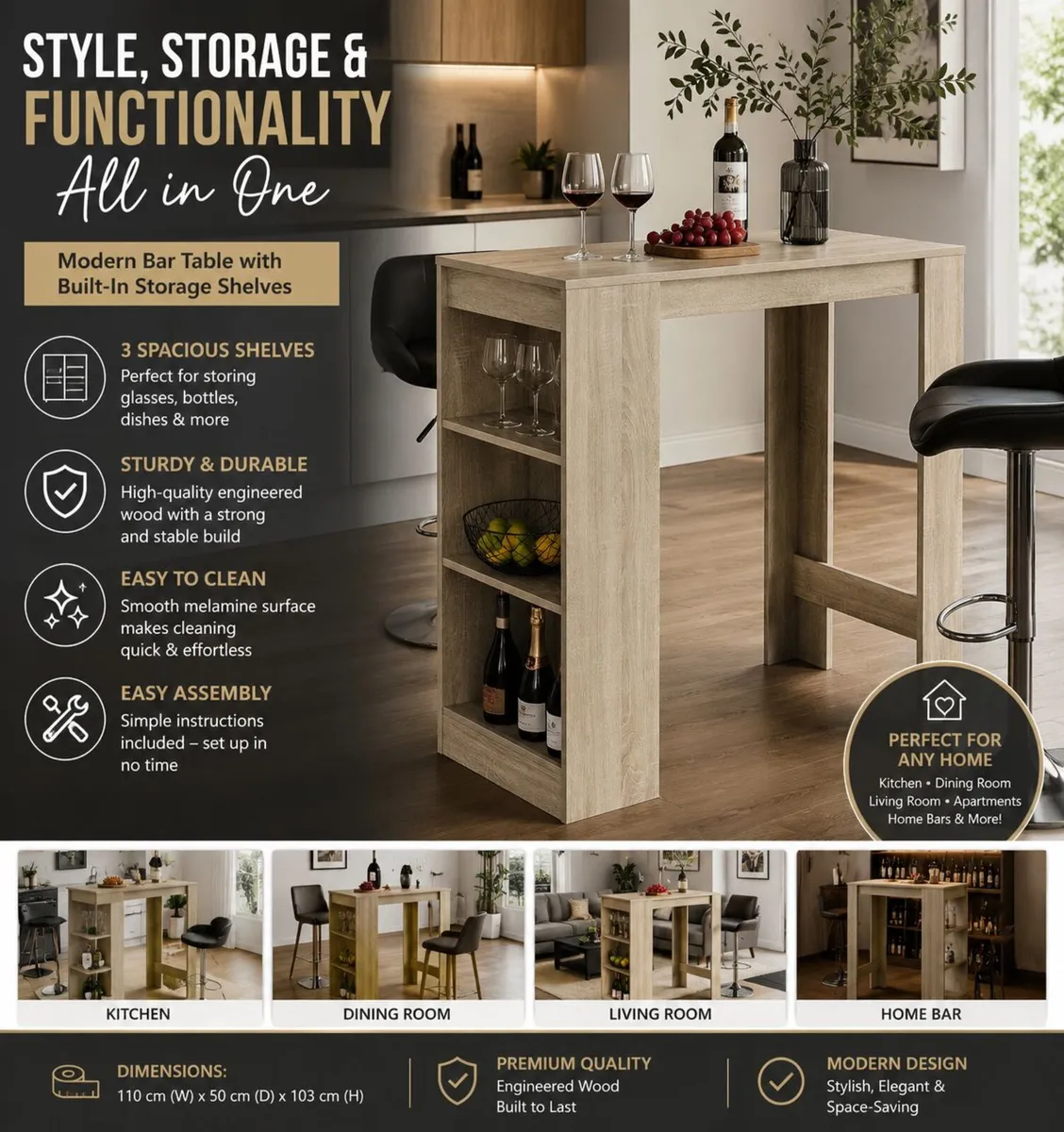 Modern Breakfast Bar Table Kitchen Dining Table wi - Image 1