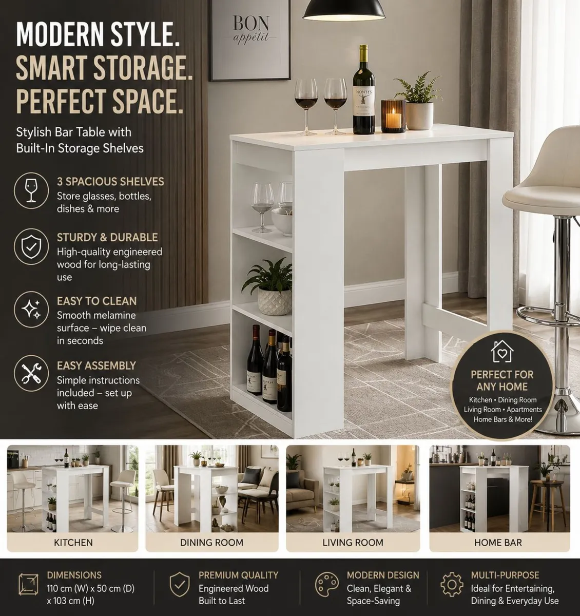 Kitchen Bar Table with Shelving | Elegant Home Ent - Image 1