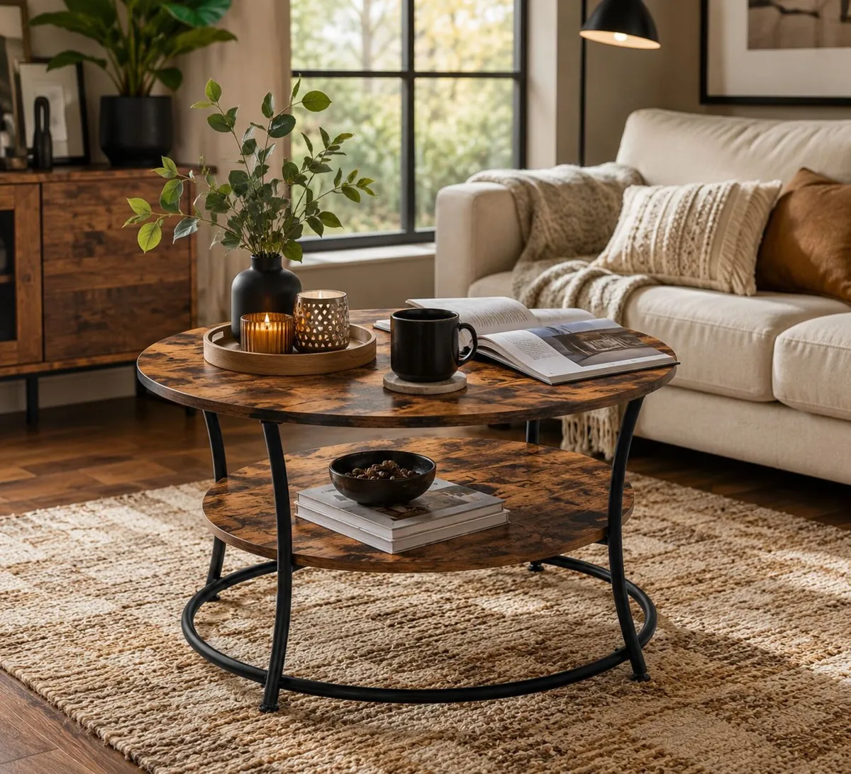 Round Coffee Table with Storage Shelf | Rustic Ind - Image 1