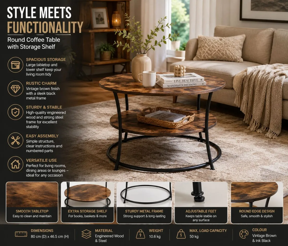 Round Coffee Table with Storage Shelf | Rustic Ind - Image 2