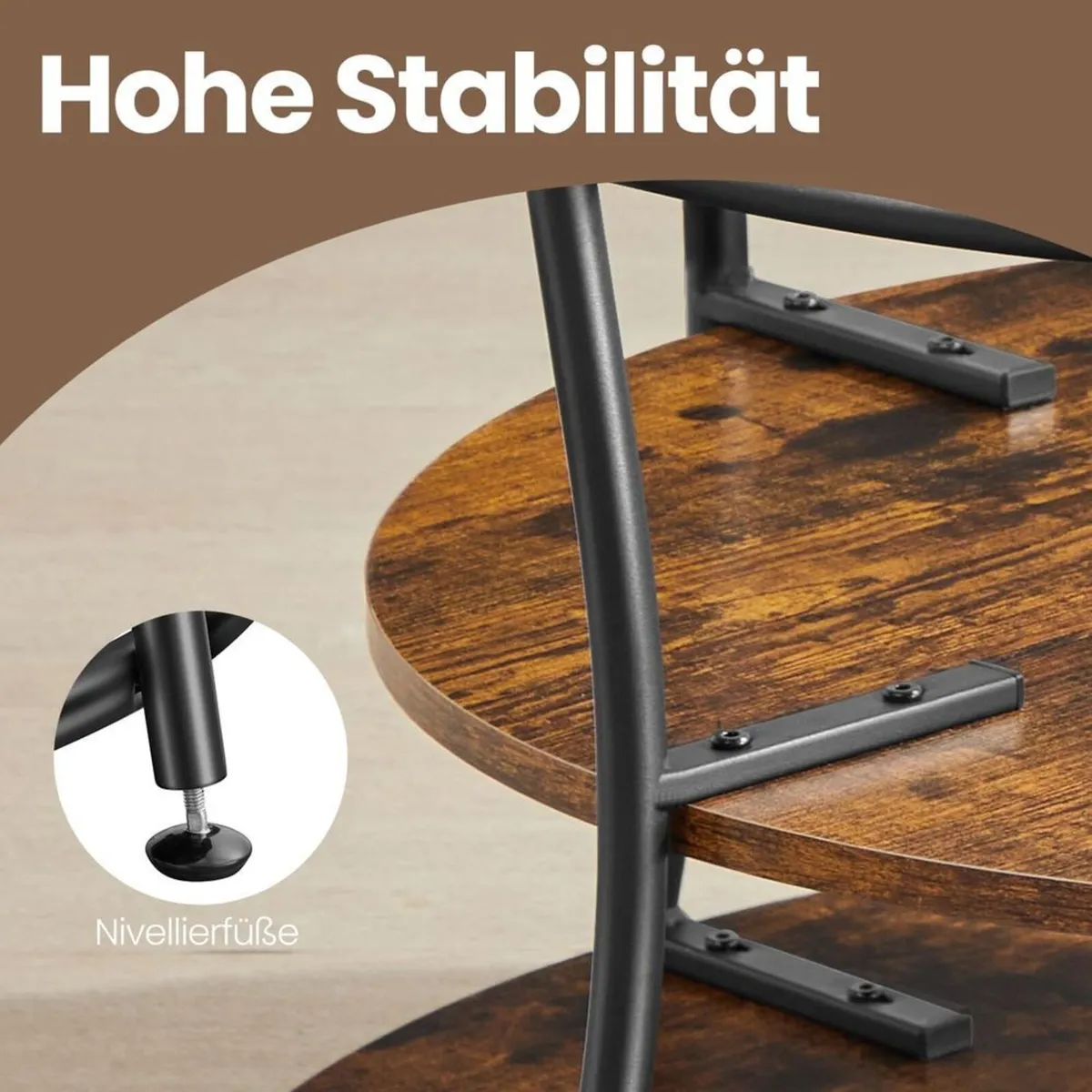Round Coffee Table with Storage Shelf | Rustic Ind - Image 3