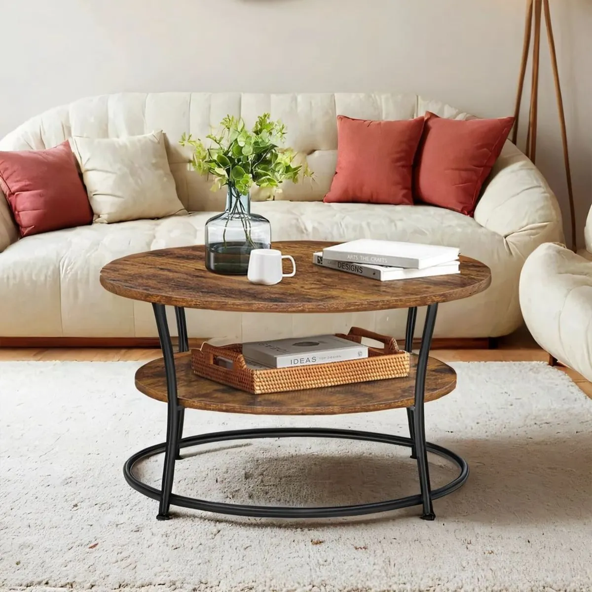 Round Coffee Table with Storage Shelf | Rustic Ind - Image 4