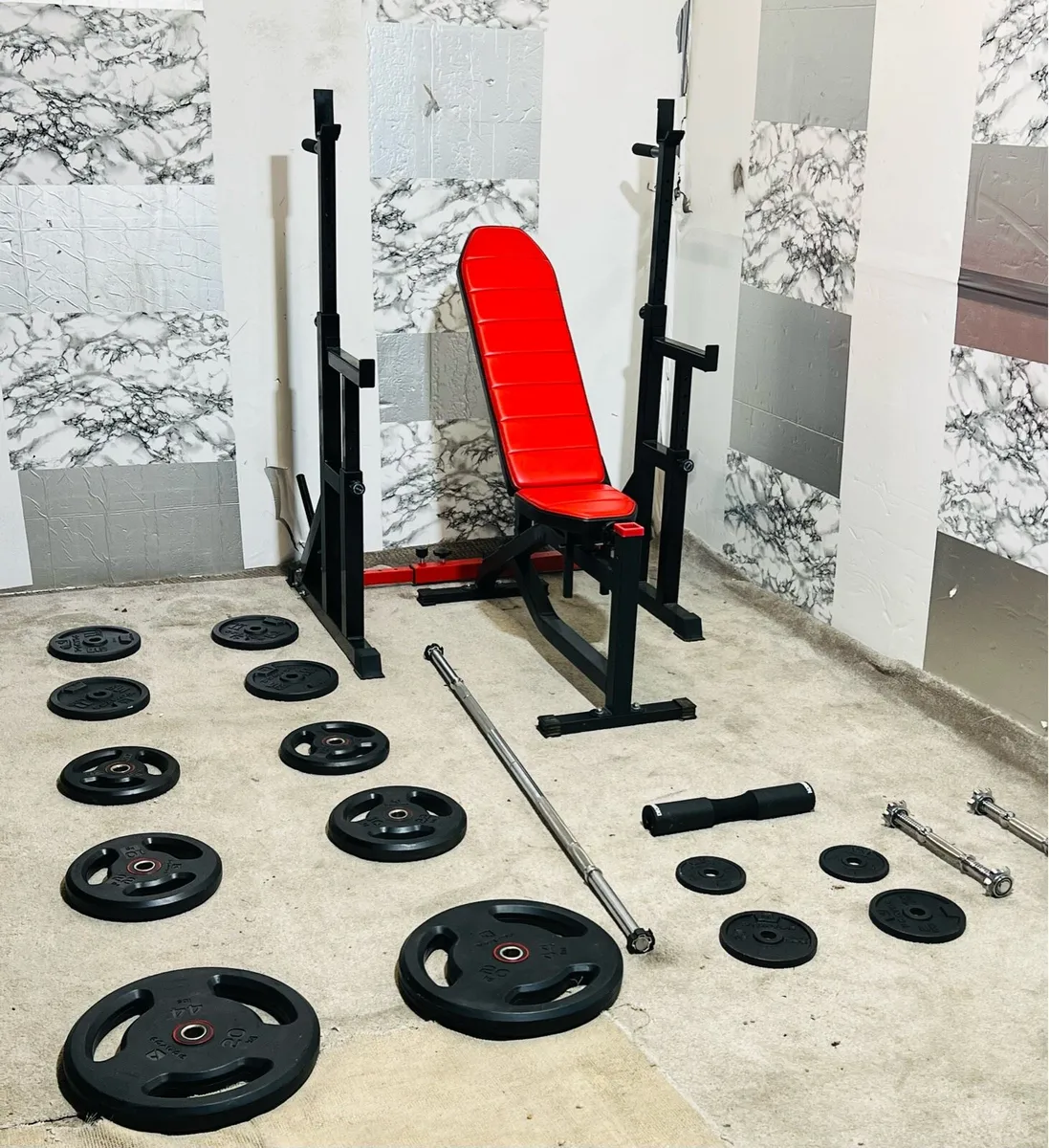 106KG LIFE TIME RUBBER COATED WEIGHTS RACK BENCH+ - Image 1