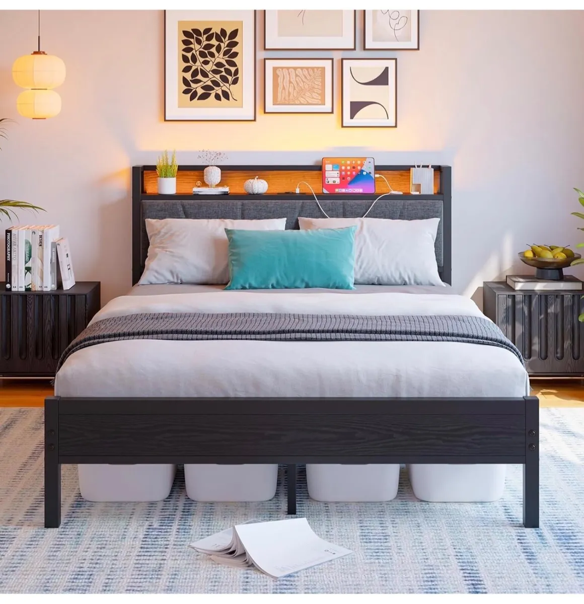 Double Bed Frame with Storage Headboard,Charging S - Image 1